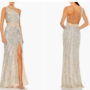 MAC DUGGAL ONE SHOULDER SEQIN BEADED LACE UP BACK NUDE SILVER GOWN sz 4